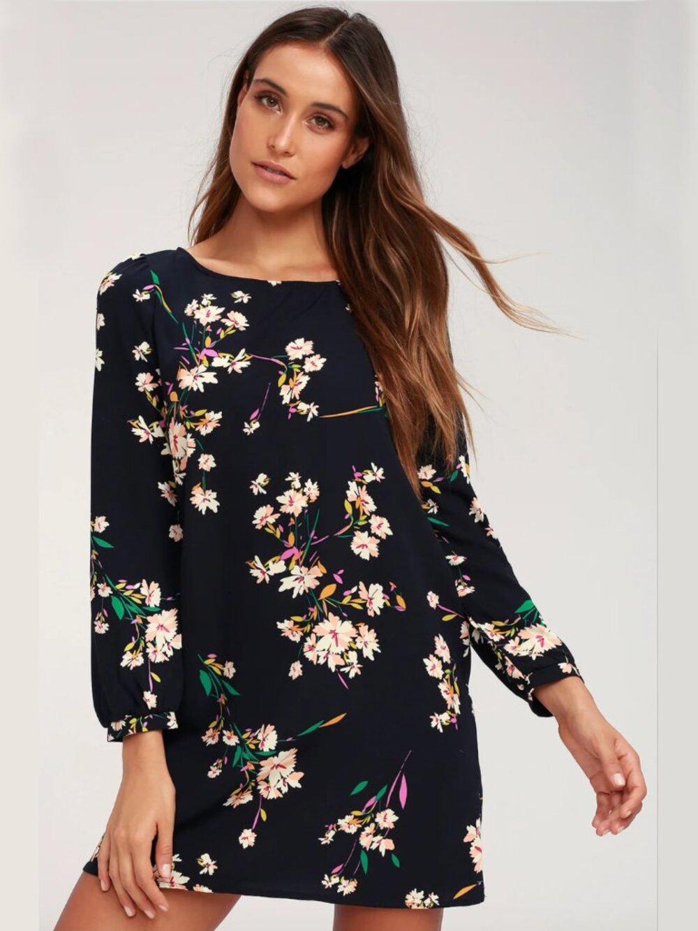 Lulus Herbaceous Babe Navy Floral Print Shift Dress Size M